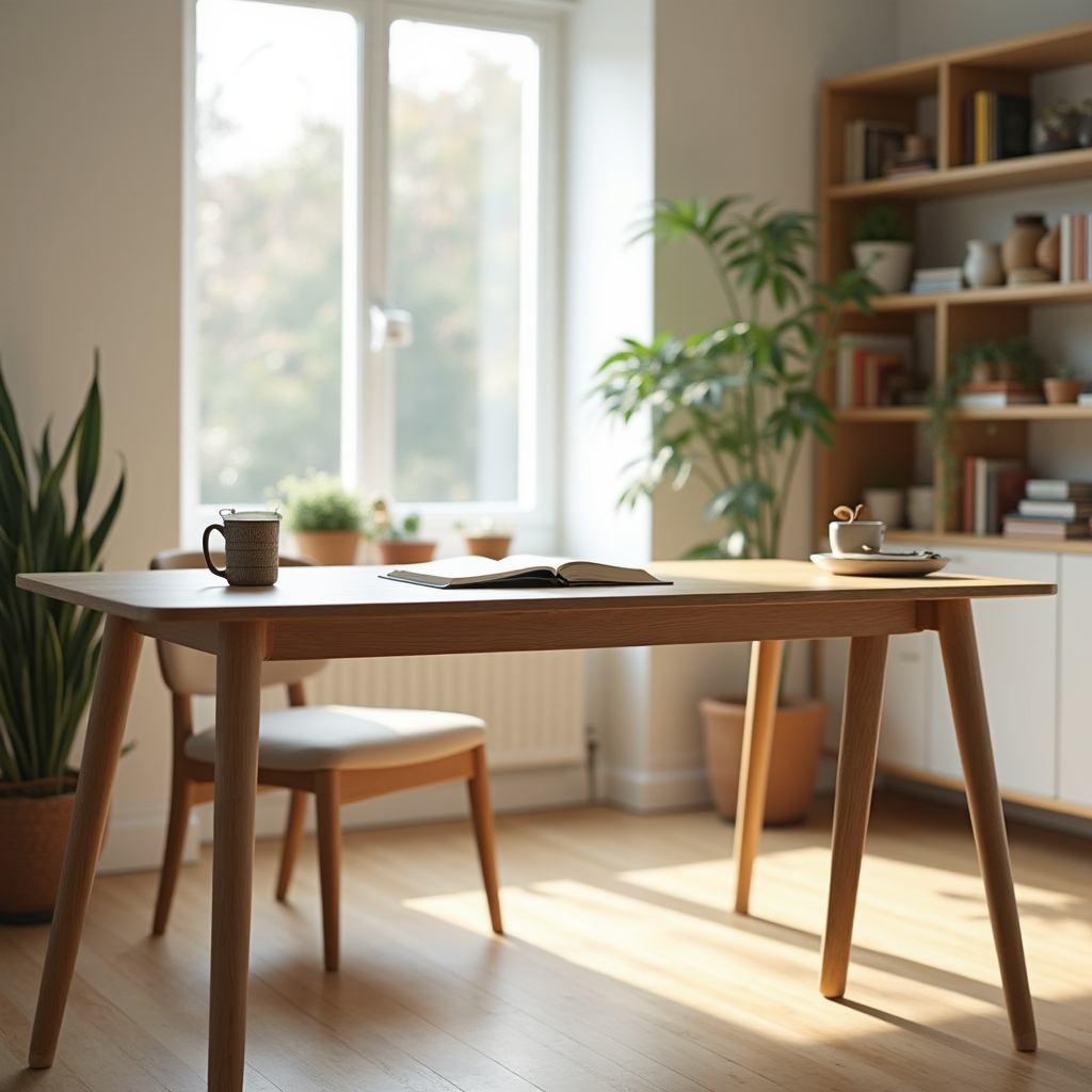 Person at a calm, organized desk with morning light