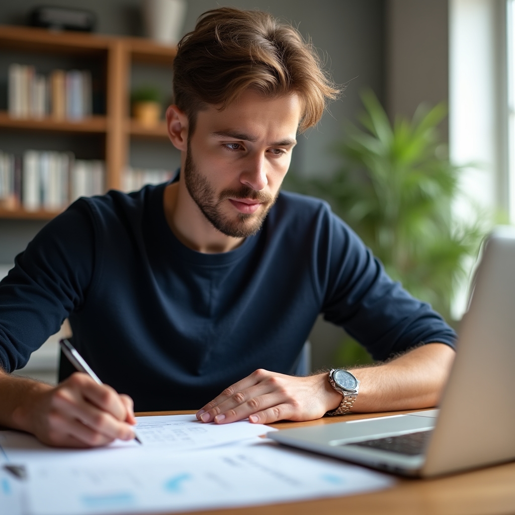 Person calmly reviewing finances during career transition