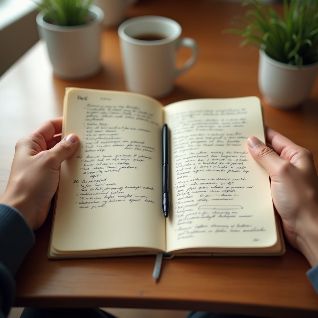 Person reviewing financial progress notes in a journal